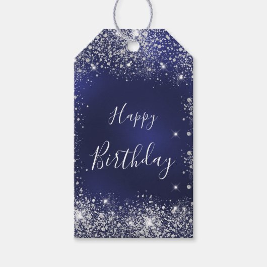 Birthday navy blue zilverglitter cadeaulabel (Voorkant)