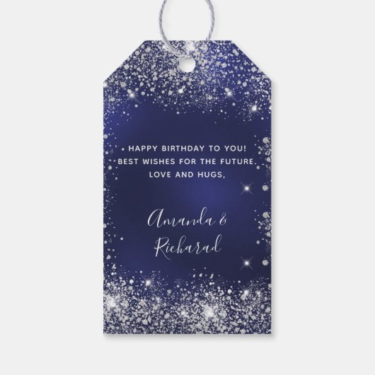 Birthday navy blue zilverglitter cadeaulabel (Achterkant)