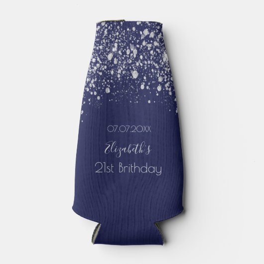 Birthday navy blue zilverglitter flesjeskoeler (Voorkant)