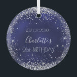 Birthday navy blue zilverglitter glas ornament<br><div class="desc">Een ornament voor een meisje- en glamourese 21ste (of eender welke leeftijd) verjaardag. Een blauw marineschopje met faux zilveren glitter,  sparkles. De blauwe kleur is ongelijk. Op de voorzijde: Personaliseer en voeg een datum,  een naam en een leeftijd toe.</div>