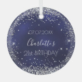 Birthday navy blue zilverglitter glas ornament (Voorkant)