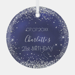 Birthday navy blue zilverglitter glas ornament