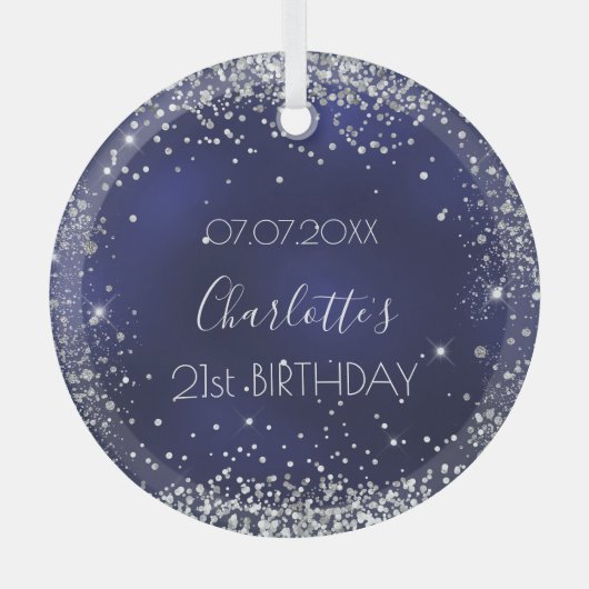 Birthday navy blue zilverglitter glas ornament (Voorkant)
