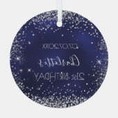 Birthday navy blue zilverglitter glas ornament (Achterkant)