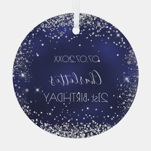 Birthday navy blue zilverglitter glas ornament (Achterkant)