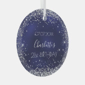 Birthday navy blue zilverglitter glas ornament (Voorkant Rechts)