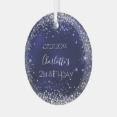 Birthday navy blue zilverglitter glas ornament (Voorkant links)