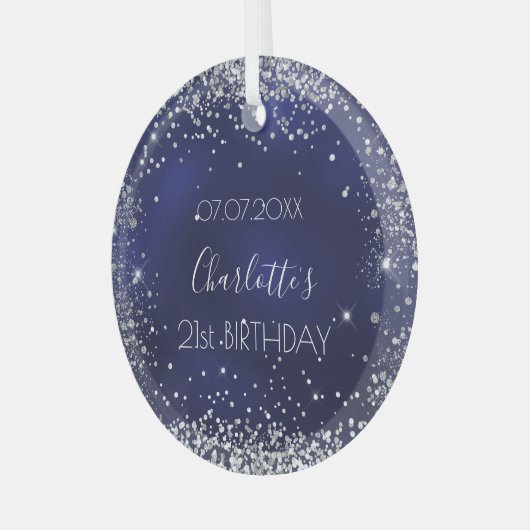 Birthday navy blue zilverglitter glas ornament (Voorkant links)
