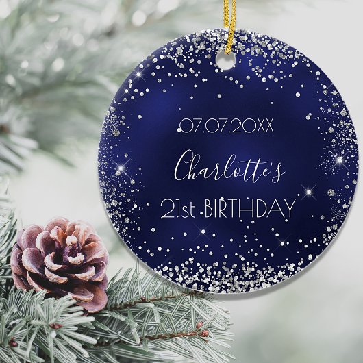 Birthday navy blue zilverglitter keramisch ornament