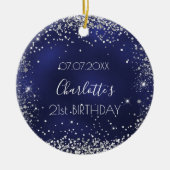Birthday navy blue zilverglitter keramisch ornament (Voorkant)