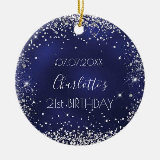 Birthday navy blue zilverglitter keramisch ornament (Voorkant)