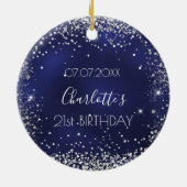 Birthday navy blue zilverglitter keramisch ornament (Achterkant)