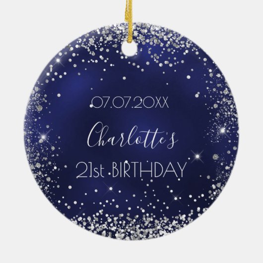Birthday navy blue zilverglitter keramisch ornament (Achterkant)