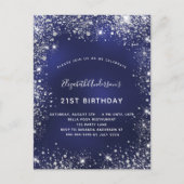 Birthday navy blue zilverglitter stofglazuur uitnodiging briefkaart (Voorkant)