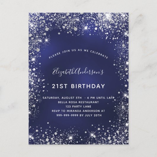 Birthday navy blue zilverglitter stofglazuur uitnodiging briefkaart (Voorkant)