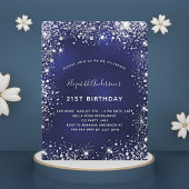 Birthday navy blue zilverglitter stofglazuur uitnodiging briefkaart