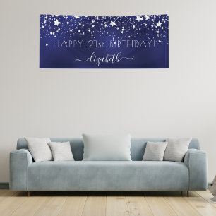 Birthday navy blue zilversterren name party spandoek