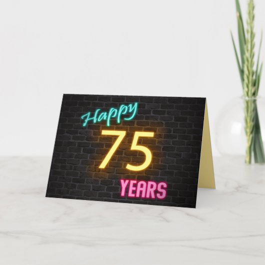 Birthday neon 75-teken op baksteen kaart (Voorkant)