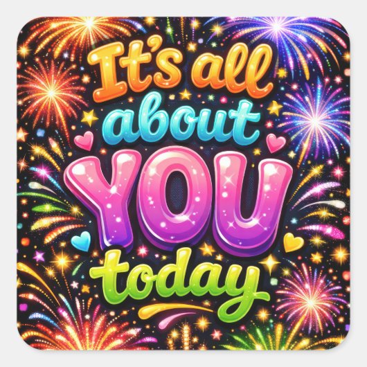 Birthday Neon Fireworks On Black Vierkante Sticker (Voorkant)