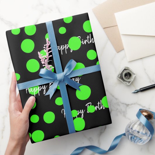 Birthday Neon Green Stippen op zwart Cadeaupapier (Geschenken)