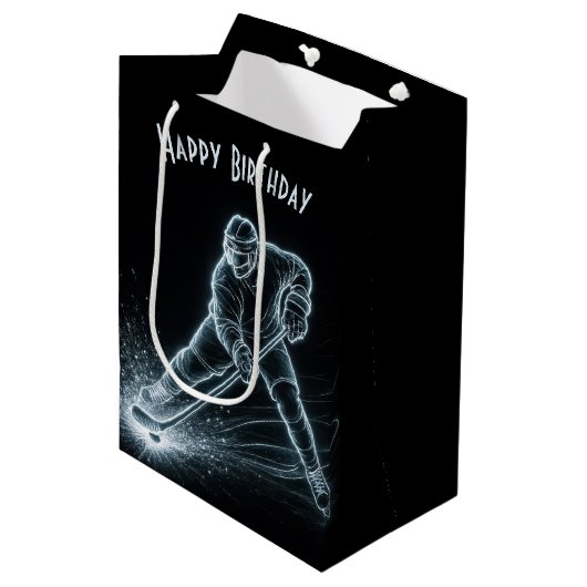 Birthday Neon Hockey Player On Ice Medium Cadeauzakje (Voorkant Gekanteld)