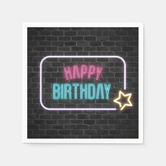 Birthday Neon Sign On Brick Wall Napkins Servet (Voorkant)