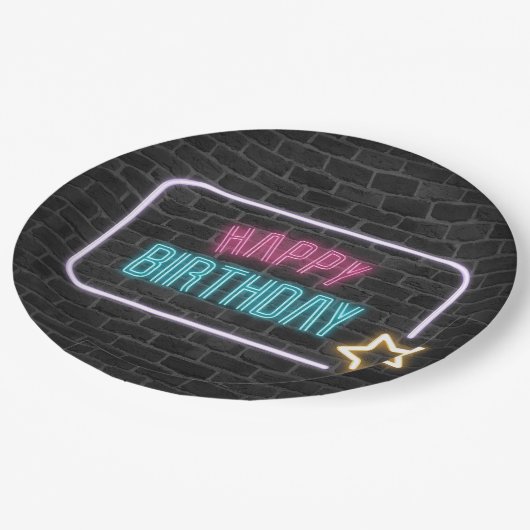 Birthday Neon Sign On Brick Wall Papieren Bordje (Gekanteld)