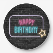 Birthday Neon Sign On Brick Wall Papieren Bordje (Voorkant)