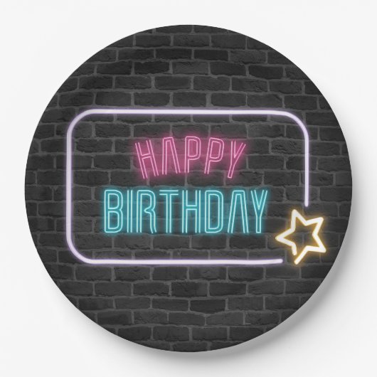 Birthday Neon Sign On Brick Wall Papieren Bordje (Voorkant)