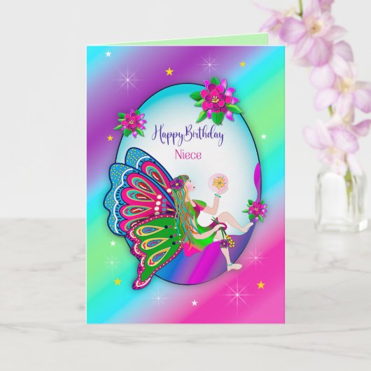 Birthday Niece Magical Colorful Butterfly Fairy Kaart (Orchidee)
