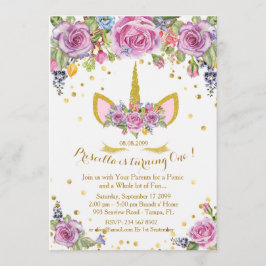 Birthday nodigmeisje, unicorn, bloemen, wit kaart