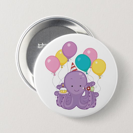 Birthday Octopus Ronde Button 7,6 Cm (Voorkant /achterkant)