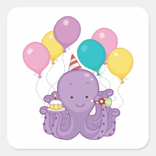 Birthday Octopus Vierkante Sticker (Voorkant)