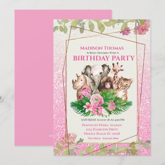 Birthday Oerwouden Cute Pink Safari Kaart (Voorkant / Achterkant)