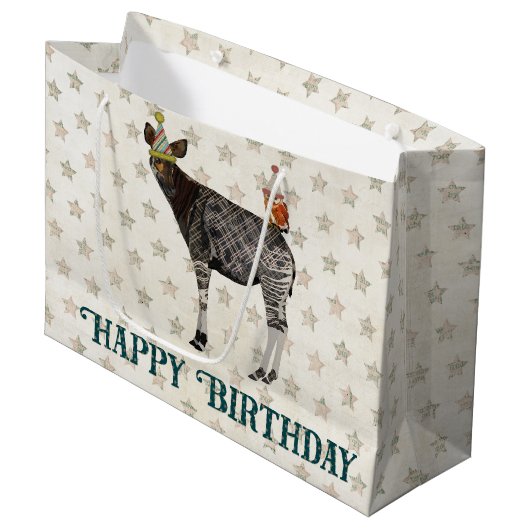 BIRTHDAY OKAPI & OWL LARGE CADEAUTASJE (Voorkant Gekanteld)
