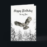 Birthday Owl Bird Watercolor Son Kaart<br><div class="desc">Watercolor Owl in flight striking with a winter of frosty snow-covered trees Forest Happy Birthday to my Son</div>