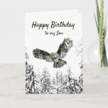 Birthday Owl Bird Watercolor Son Kaart<br><div class="desc">Watercolor Owl in flight striking with a winter of frosty snow-covered trees Forest Happy Birthday to my Son</div>