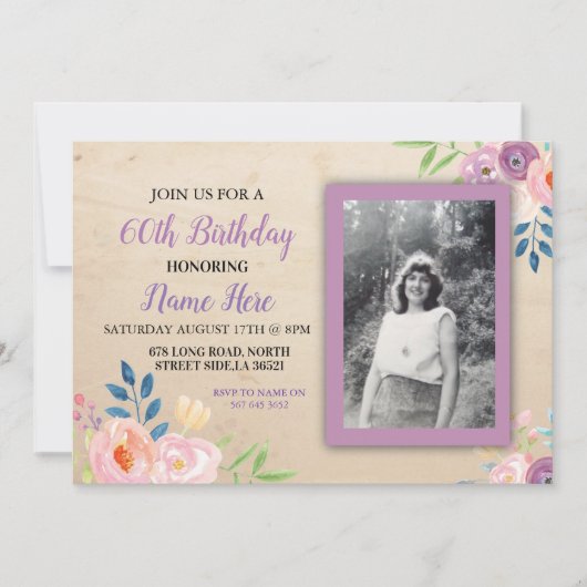 Birthday Paars Flower Photo Invitation  Kaart (Voorkant)