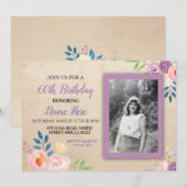 Birthday Paars Flower Photo Invitation  Kaart (Voorkant / Achterkant)