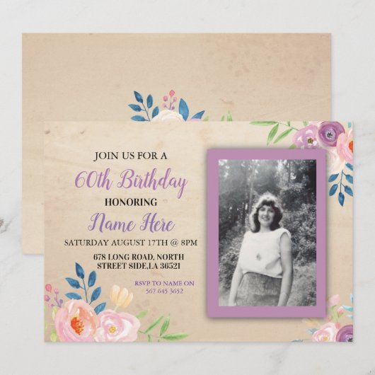 Birthday Paars Flower Photo Invitation Kaart (Voorkant / Achterkant)