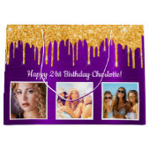 Birthday paars goudglitter druppelt naam foto groot cadeauzakje (Voorkant)