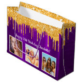 Birthday paars goudglitter druppelt naam foto groot cadeauzakje (Voorkant Gekanteld)