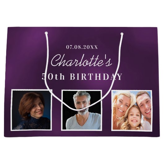 Birthday paarse aangepast fotomonogram groot cadeauzakje (Voorkant)
