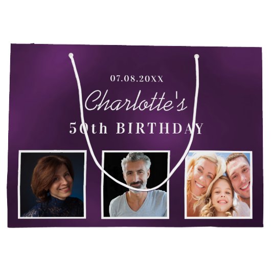 Birthday paarse aangepast fotomonogram groot cadeauzakje (Achterkant)