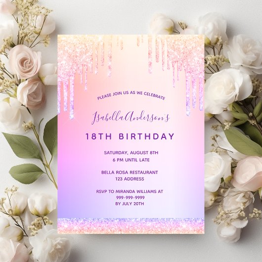 Birthday paarse blush roze glitter druppels briefkaart