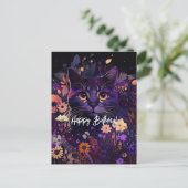 Birthday Paarse Floral Cat Feestdagenkaart (Staand voorkant)