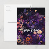 Birthday Paarse Floral Cat Feestdagenkaart (Voorkant / Achterkant)