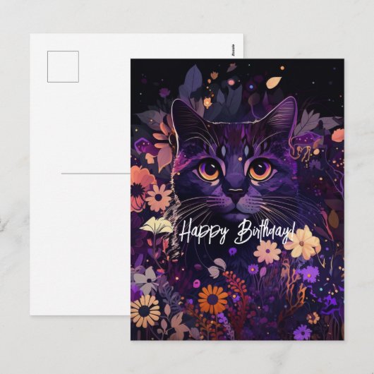 Birthday Paarse Floral Cat Feestdagenkaart (Voorkant / Achterkant)