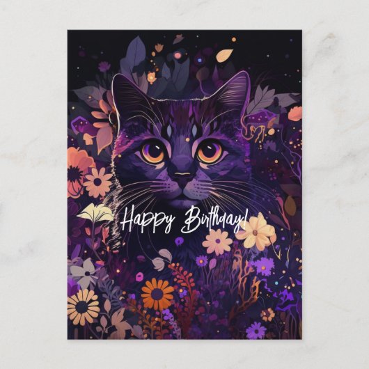 Birthday Paarse Floral Cat Feestdagenkaart (Voorkant)
