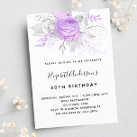 Birthday paarse florals elegant zilveruitnodiging kaart<br><div class="desc">Voor een 40e (of om het even welke leeftijd) verjaardagsfeestje. Een stijlvolle witte achtergrond. Gedecorbeerd met paarse en witte floralen,  rozen en zilverbladeren. Pas een naam en partijdetails aan en voeg deze toe.</div>